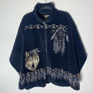 Vintage Bear Ridge Outfitters Black Fleece Jacket w Wolf & Dreamcatcher XL